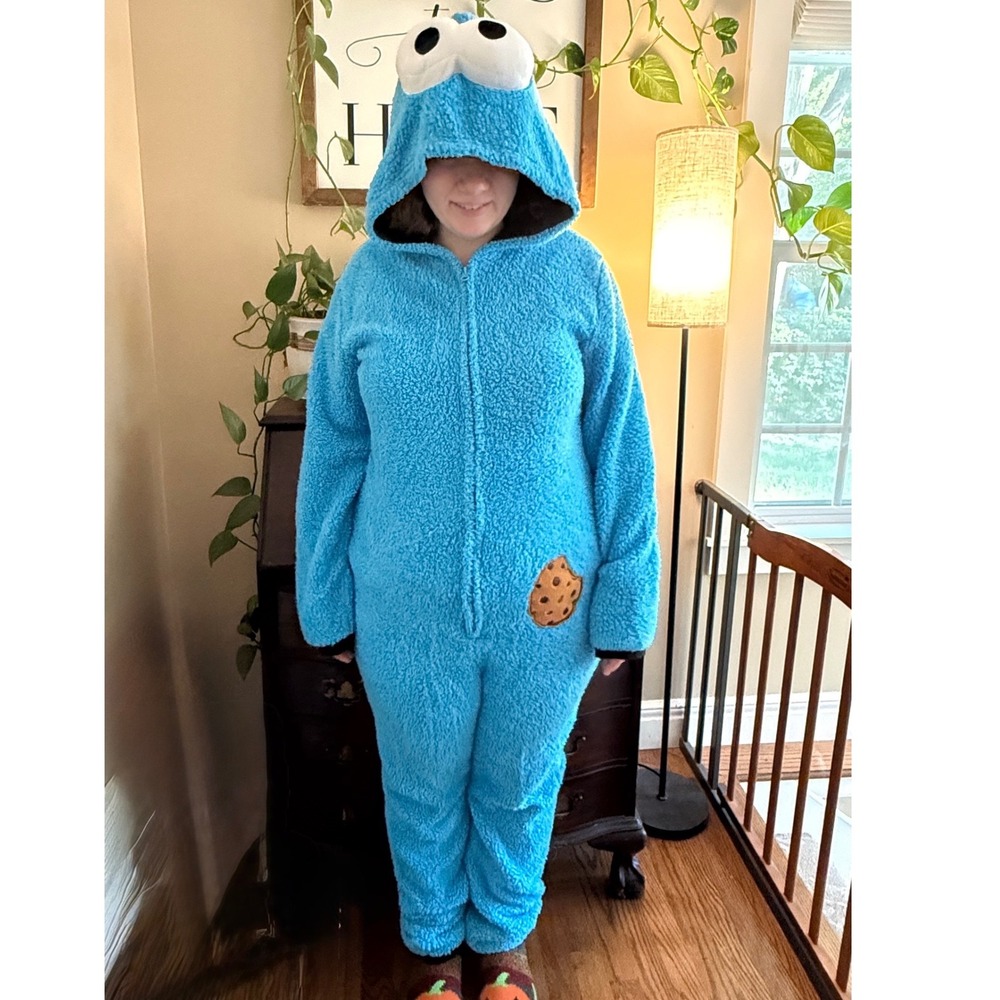 Sesame Street Cookie Monster Union Suit Women S/M Blue Sherpa Fleece Costume PJs